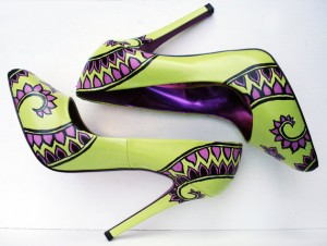 hand painted, henna, heels, green, purple