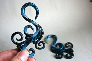peacock, blue, gauged earrings, polymer clay