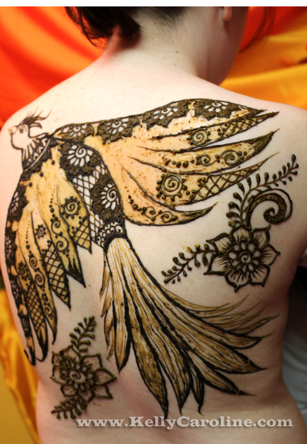 bird henna design, Phoenix henna, back henna, private appointment
