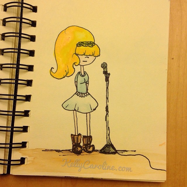 "This reminds me of a time…" #kellycaroline #singing #watercolors #drawing #art #artist #sketchbook #boots #bluesress #blondehair #microphone #ypsilanti #michigan