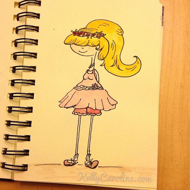 "Well, thanks for asking" watercolor painting by Kelly Caroline #kellycaroline #watercolors #drawing #art #ypsilanti #artist #sketchbook #ink #pink #dress #blondehair #girl #cartoon #saddleshoes