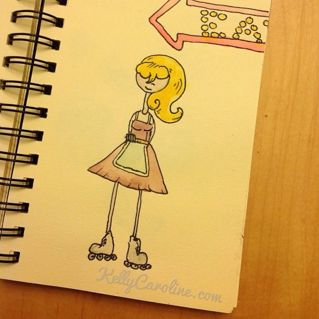 "Be right back." #watercolors #kellycaroline #drawing #artist #dress #pink #diner #waitress #ypsilanti #michigan #sketchbook