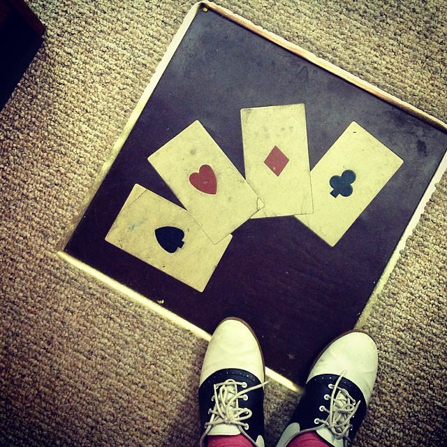 Beautiful tiled detail on the floor of my grandmother's entertaining area #tile #art #poker #aces #cards #spades #hearts #clubs #diamonds #vintage #artist #saddleshoes #shoes #kellycaroline