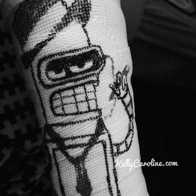 You know it's a good night when you end up drawing fancy Bender on an arm cast #ladiesnight #art #bender #futurama #drawing #sharpie #cast #cigar #tophat #monocle #smoking #robot #tie #fancy #goodnight #friends
