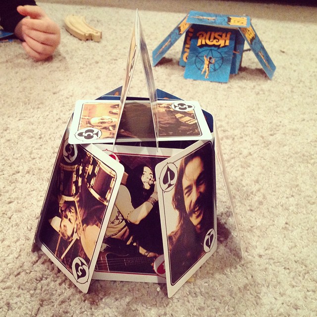 Prepare to be Rush-a-fied ! Built a RUSH house of cards - it's a great night  #rush #houseofcards #music #rushafied #craft #hobby #ypsi #ypsilanti #neilpeart #geddylee #alexlifeson #woot