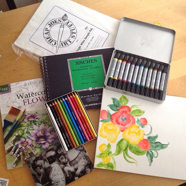 This is what my husand got me for my birthday!! Watercolor paper, conte crayons, a watercolor book and best of all- Windsor & Newton WATERCOLOR MARKERS that i made that painting with this morning!!