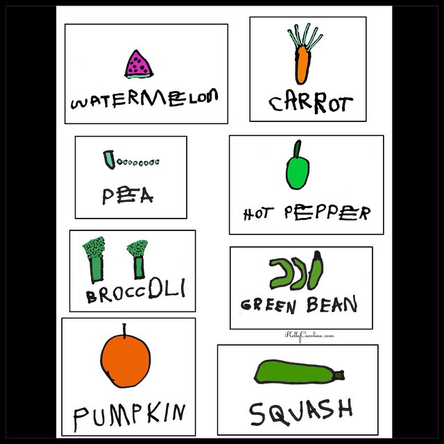 Perfect Springtime project! My son drew and wrote out the names of these fruits & veggies and I scanned & colored them in Photoshop. You can print these out and laminate them or put them in ziplock baggies to make them waterproof & use them as plant markers  #plants #planter #vegetables #flowers #nature #spring #diy #ziplock #paper #drawing #art #kids #pumpkin #watermelon #careots #greenbeans #hotpepper #hot #peas #squash #michigan #spring #art #artist #photoshop #print #project #activity #spelling #schooling