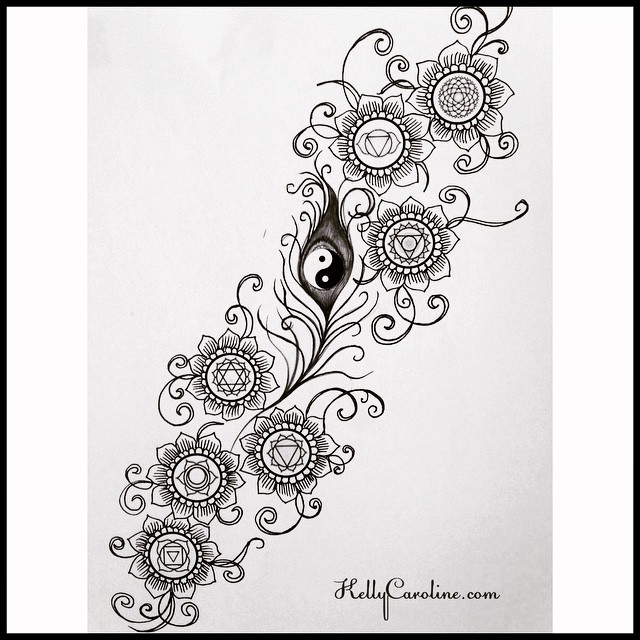 This is the result from a very interesting tattoo design request I got this week. I needed to integrate the 7 chakra symbols with floral elements, flowing with a peacock feather with a yin yang in the center. My client was very pleased with the result and so was I.