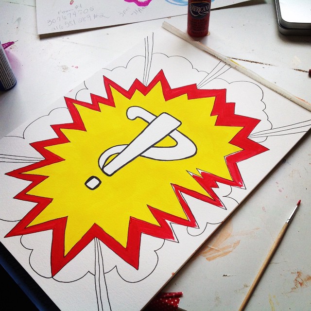 Work in progress Interrobang #wip #paint #painting #acrylic #interrobang #canvas #workinprogress #questionmark #ink #tattoo #yellow #red #art #artist #kellycaroline #michigan #michiganart #draw #drawing #sketch #sketchbook #expression #giftsuperhero #comic #comicbook
