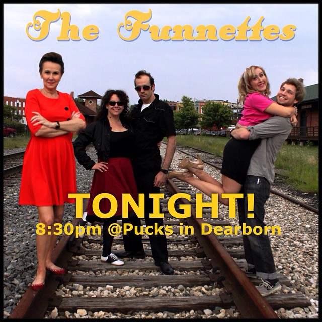The Funnettes are playing TONIGHT at Pucks in Dearborn 8:30pm ! Come check us out and hear our new surprise song  #songs #music #michigan #dearborn #funnettes #thefunnettes #chris #band #rockabilly #concert #gig #fun #kellycaroline #drums #buddyholly #thecars #coverband #rockandroll !
