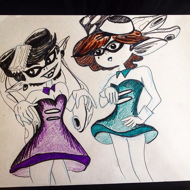 What happens when everyday your son asks you to draw a new video game character. Work in progress of #splatoon #squidsisters #wip #draw #drawing #sketch #crayola #coloring #nintendo #wii #wiiu #squid #squidkid #videogame #color #stayfresh #dress #green #purple #crayons #ink #design #drawing #art #artist #kellycaroline #fancy #fashion