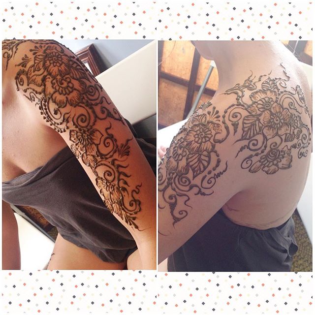 Front and back pictures of Two sides from @halfpintdreamer ‘s henna piece on her arm yesterday in the studio . . private appointments available Monday-Saturday 2-5:30pm call 734-536-1705 or email kelly@kellycaroline.com